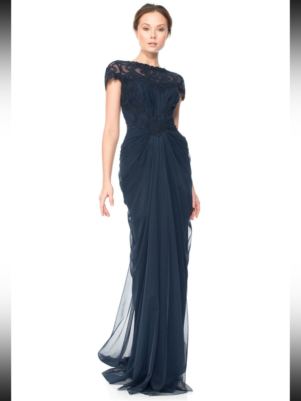 Tadashi Shoji Navy Lace & Chiffon Maxi Gown